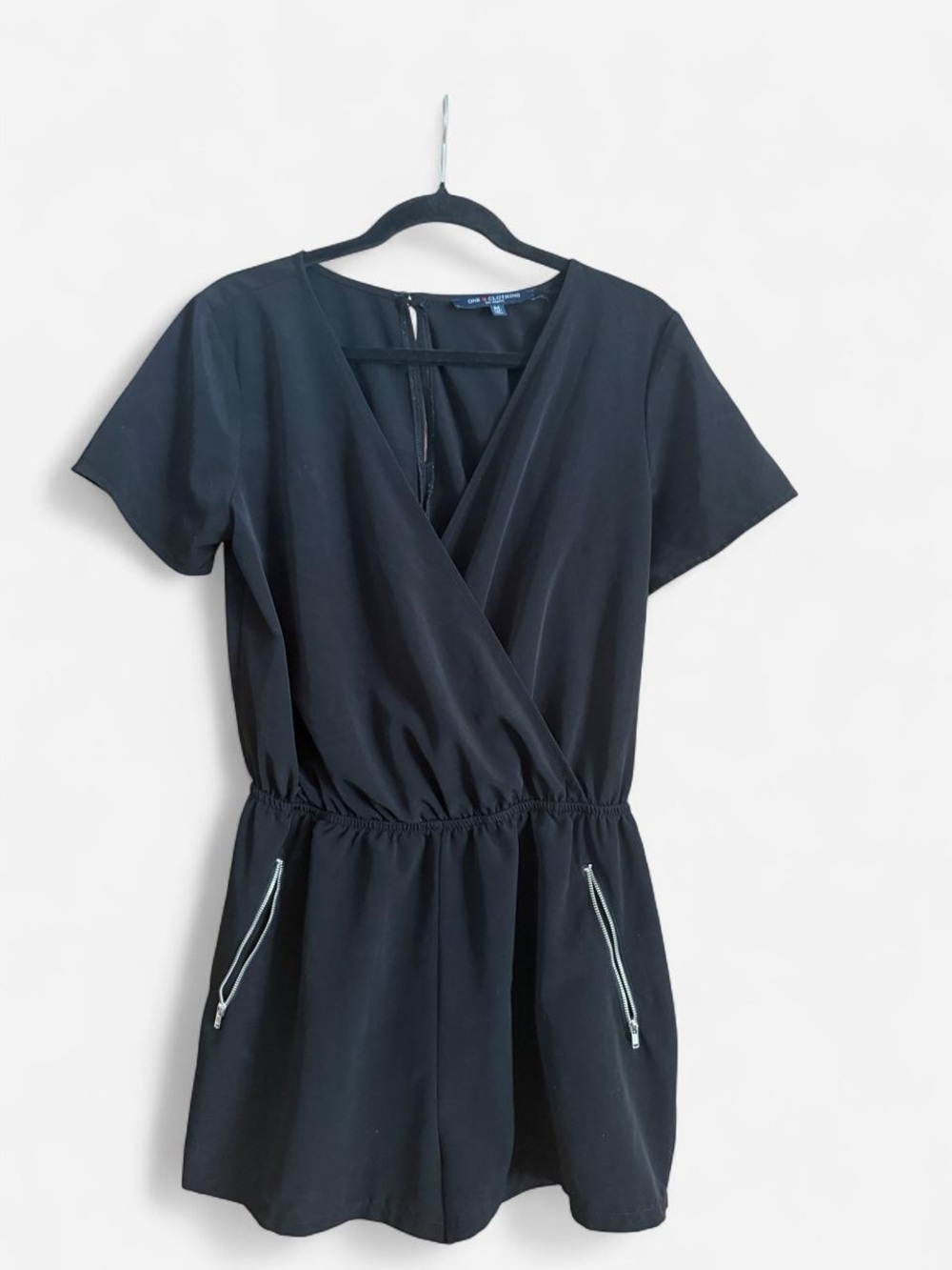one clothing Black Short Sleeve Wrap Romper with Zip Pockets